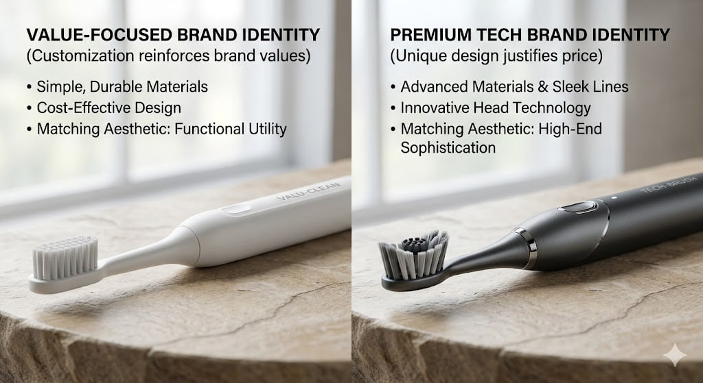 Brand Alignment in Product Design A toothbrush handle and head that have a perfectly matching design aesthetic