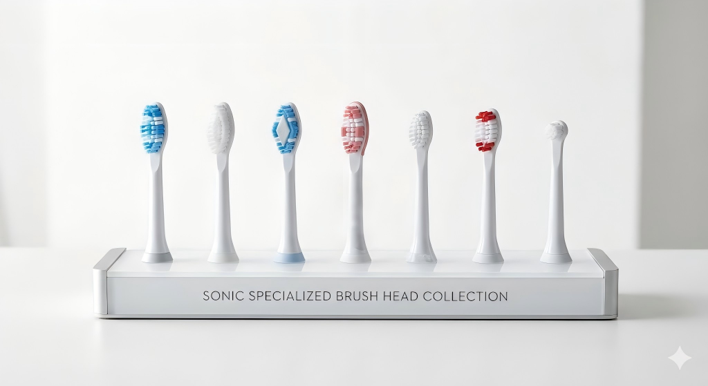 Specialized Brush Heads for Brand Loyalty A collection of specialized sonic toothbrush heads on a clean background