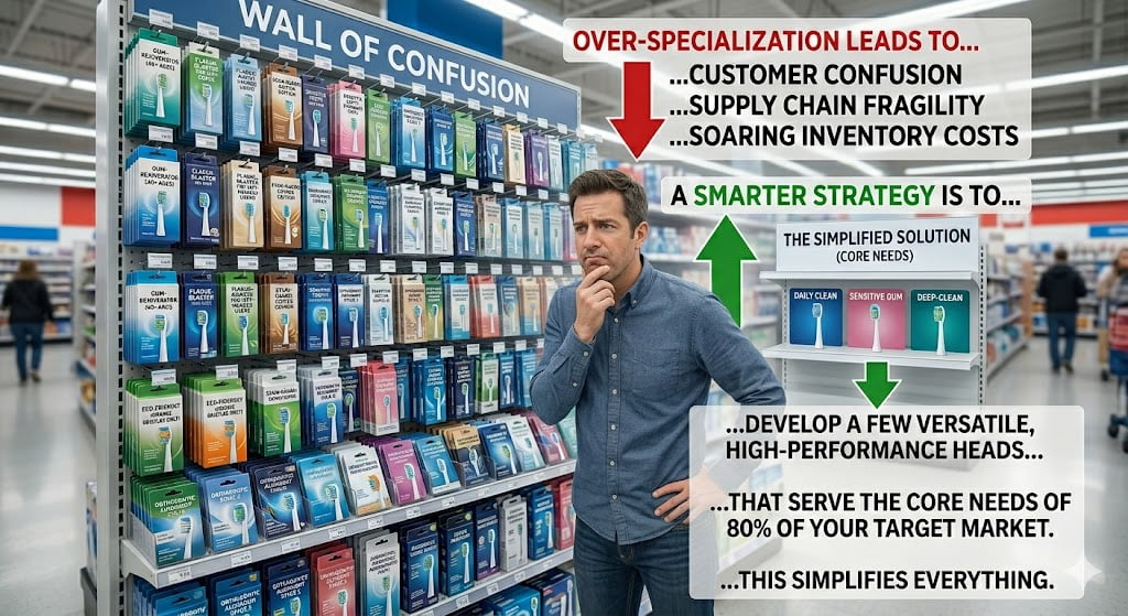Customer Confusion from Too Many Choices A consumer looking confused at a shelf full of different brush heads