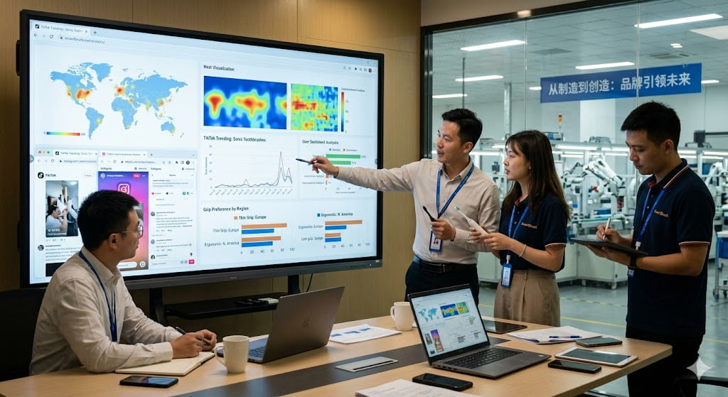 Consumer-Centric Market Intelligence A marketing team analyzing consumer data and social media trends on a screen