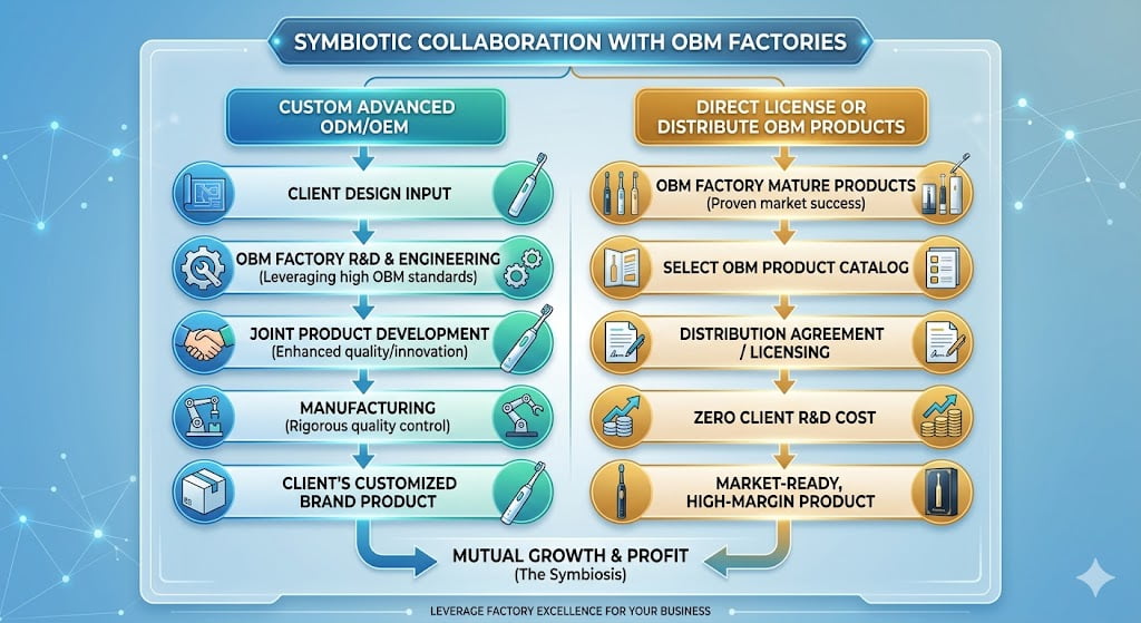 OEM and OBM Collaboration Models A flowchart showing two paths: custom ODM and direct distribution of an existing brand