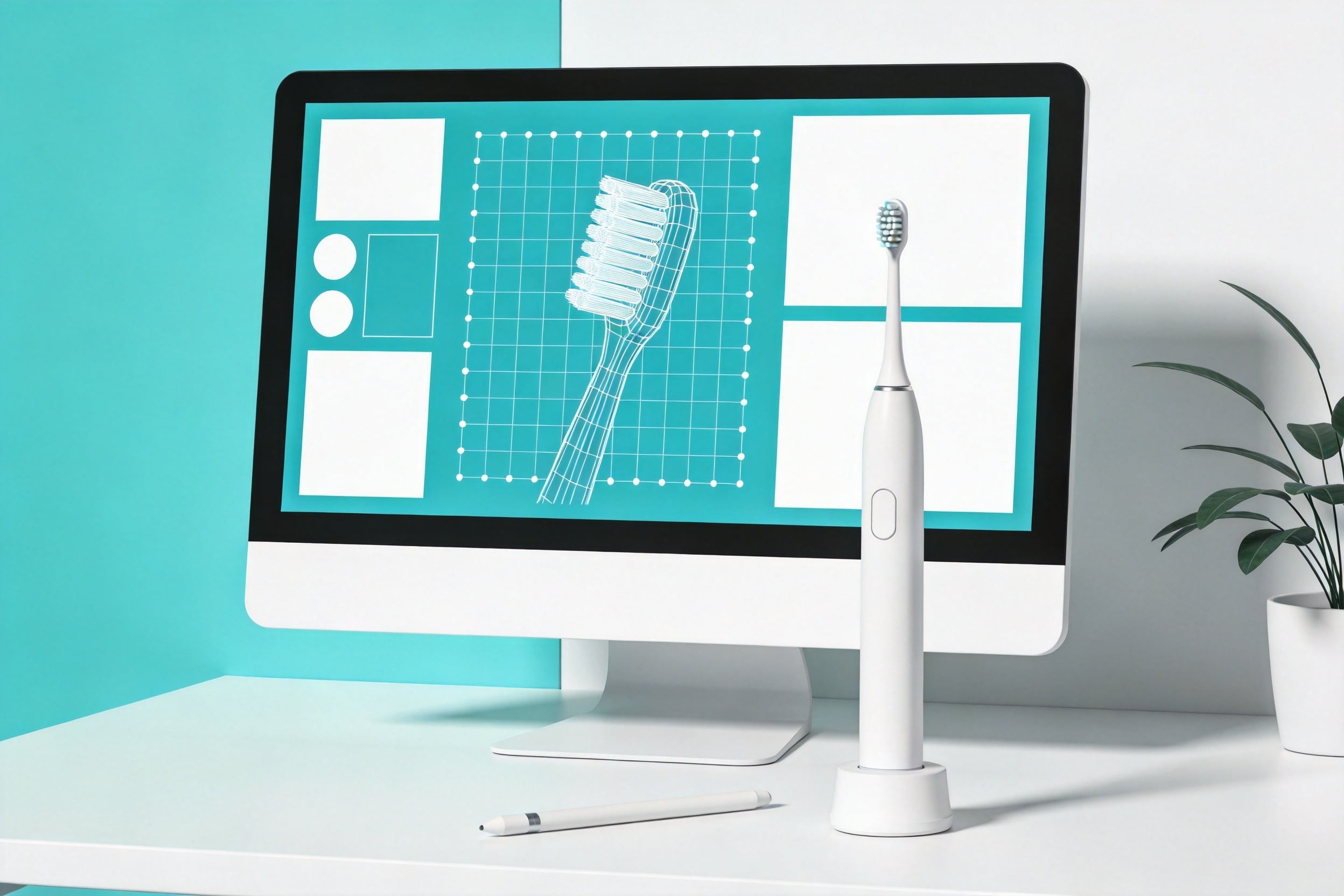 Hand sketches and CAD render of an electric toothbrush on a designer's desk