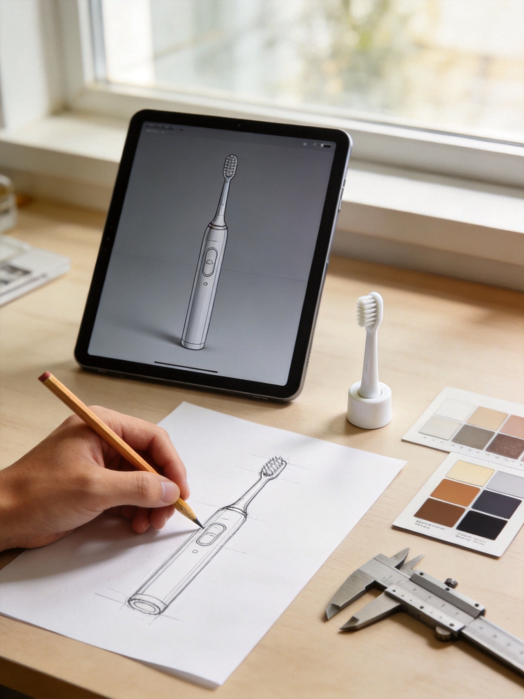 Designer's desk with hand sketches, a CAD model and a hand-built oral-care prototype