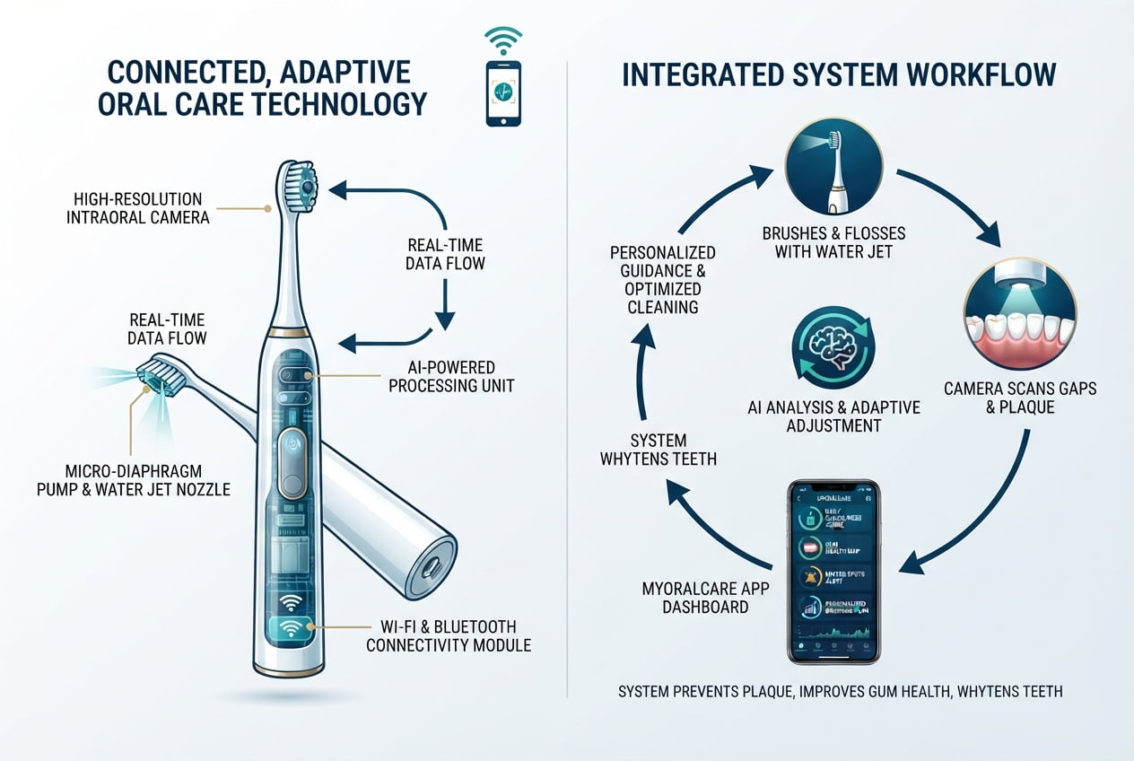 Smart oral care system concept smart oral care system with electric toothbrush camera AI and water jet